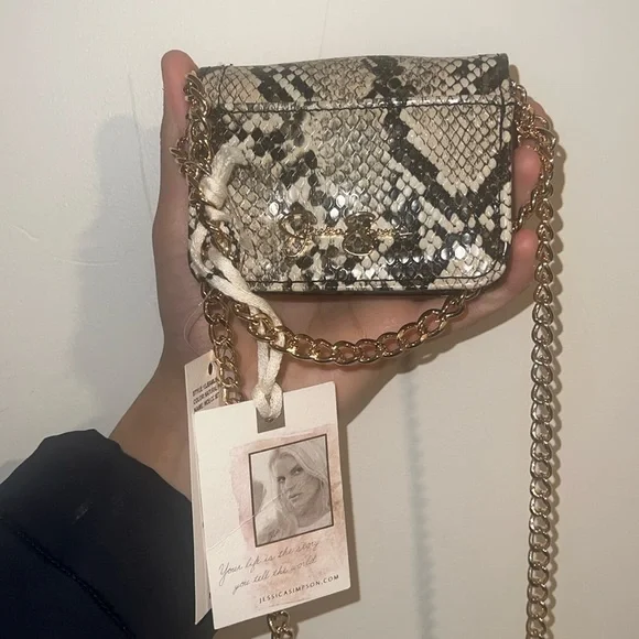 Jessica Simpson mini snake style pattern mini purse bag natural python chain - Picture 2 of 13